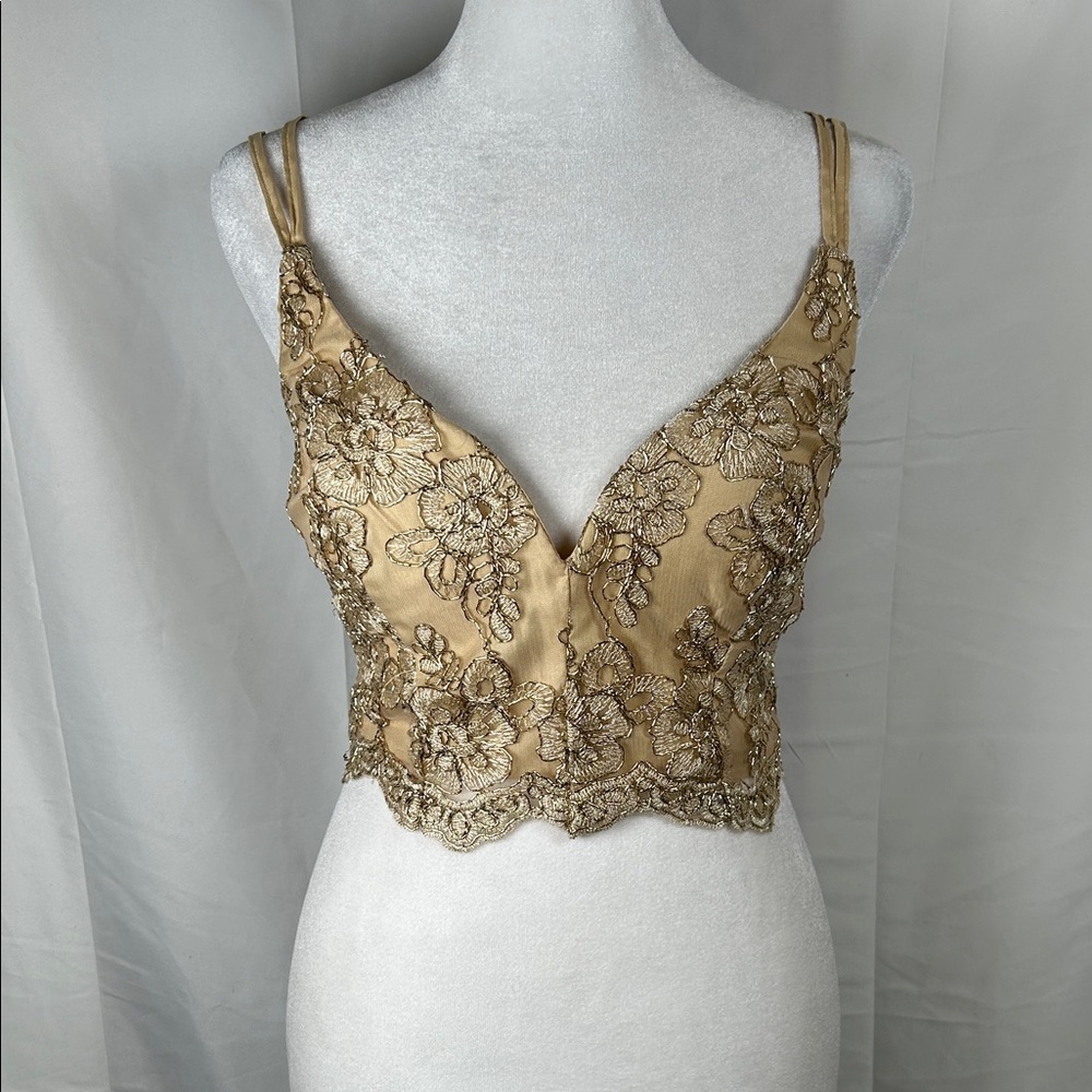 B Darlin Gold Floral Lace Embroidered Crop Top